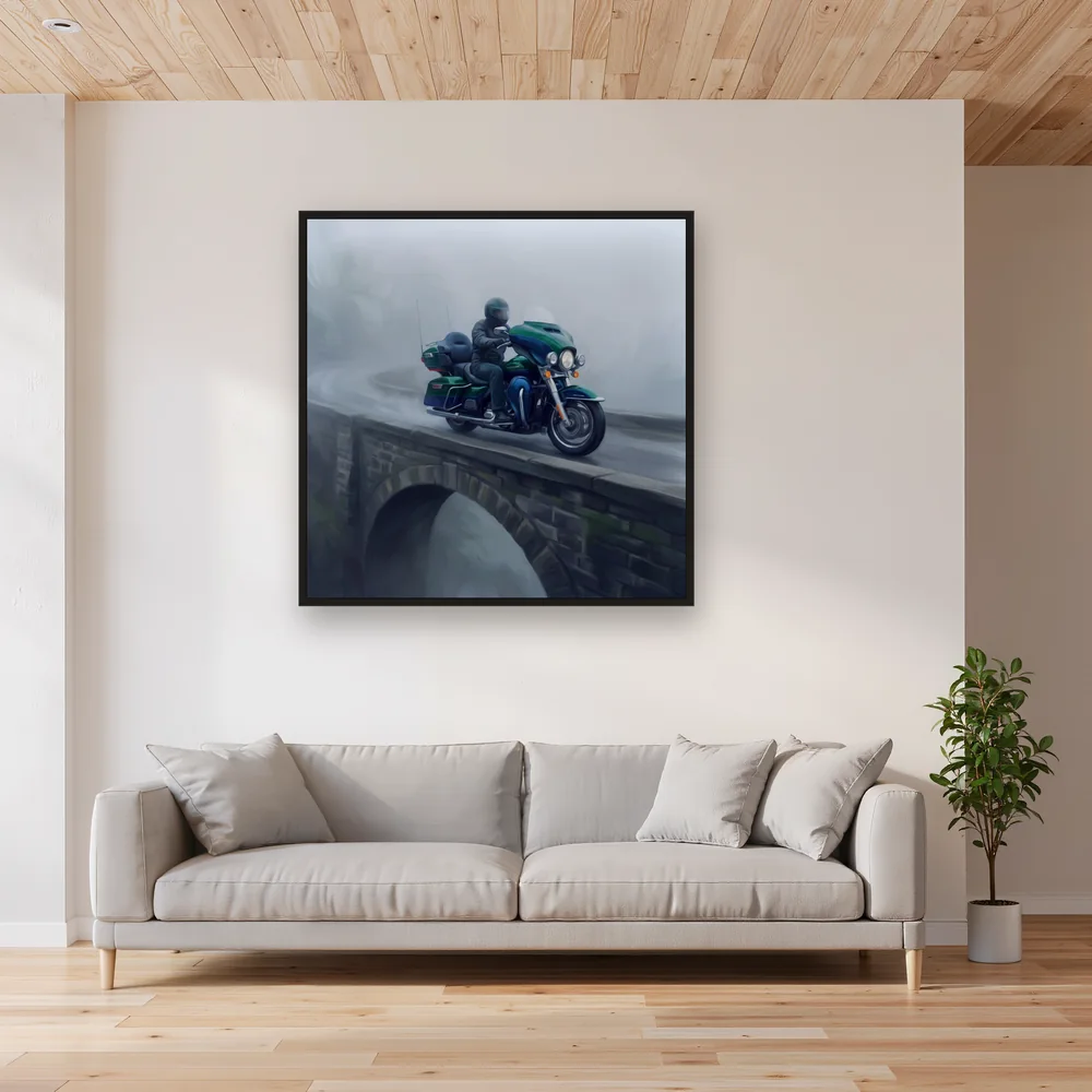 Touring Motorcycle on a Foggy Bridge – Living room