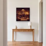 Motorcycle in Garage with Warm Lamp Light – Hallway