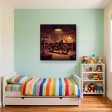 Motorcycle in Garage with Warm Lamp Light – Kids room