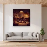 Motorcycle in Garage with Warm Lamp Light – displayed in a living room