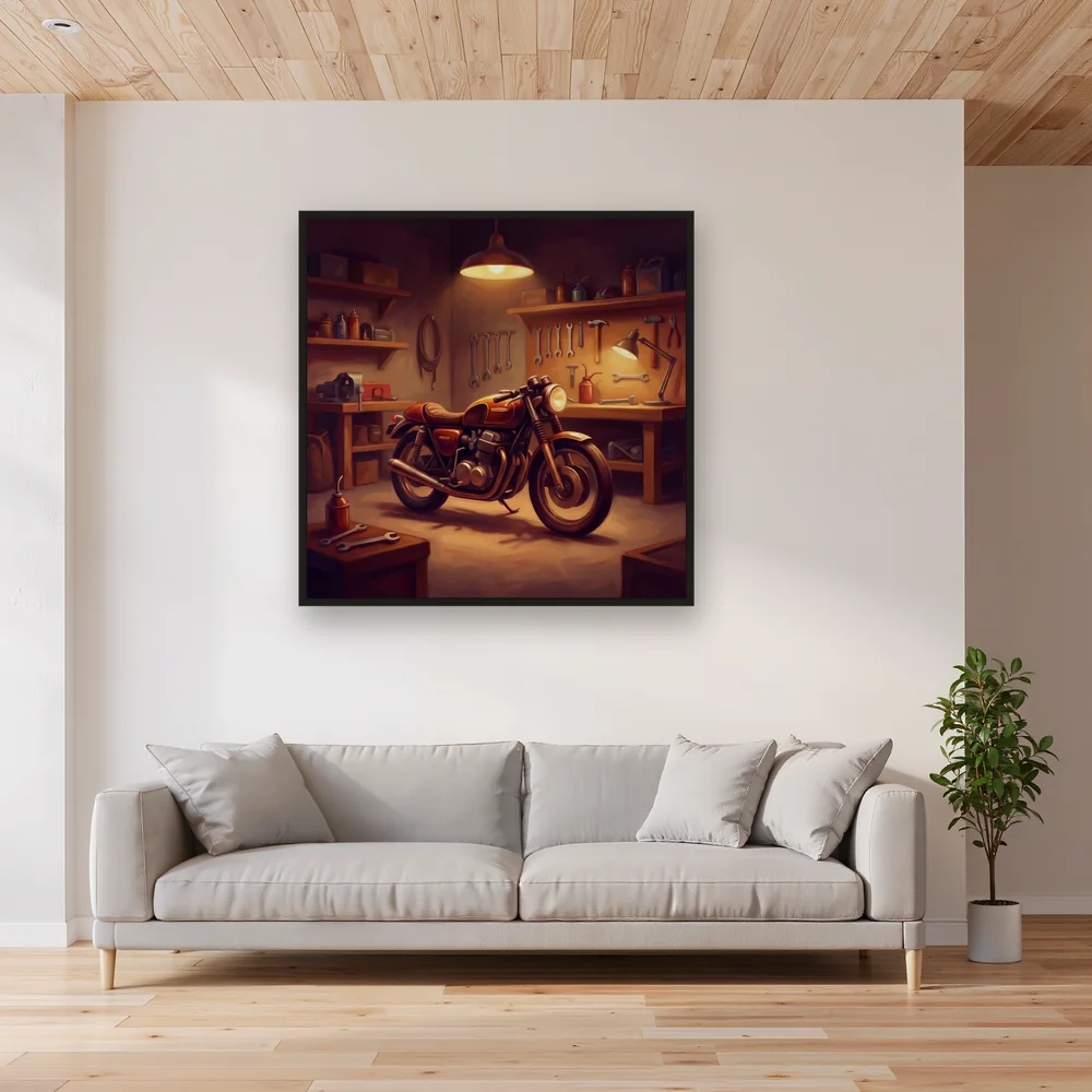 Motorcycle in Garage with Warm Lamp Light – Living room