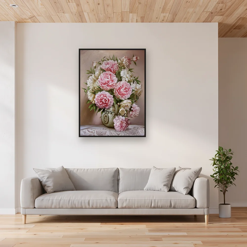 Diamond Painting Pivoines Roses dans un Vase Doré – Salon