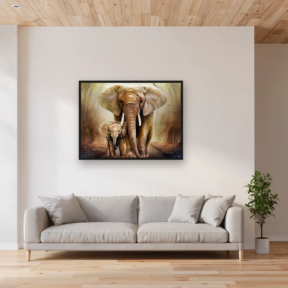 Mama Elephant and her Cub in the Forest – Living room