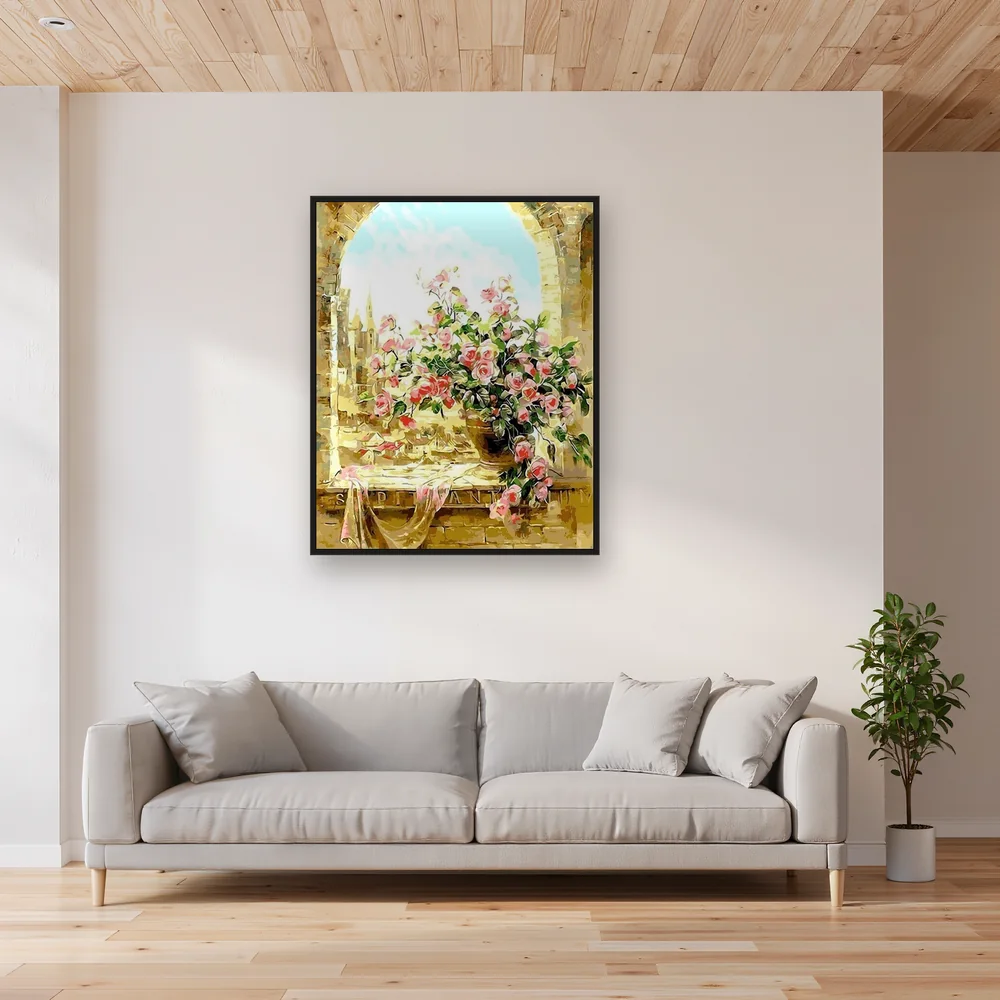 Diamond Painting Roses Roses sur un Balcon de Pierre – Salon