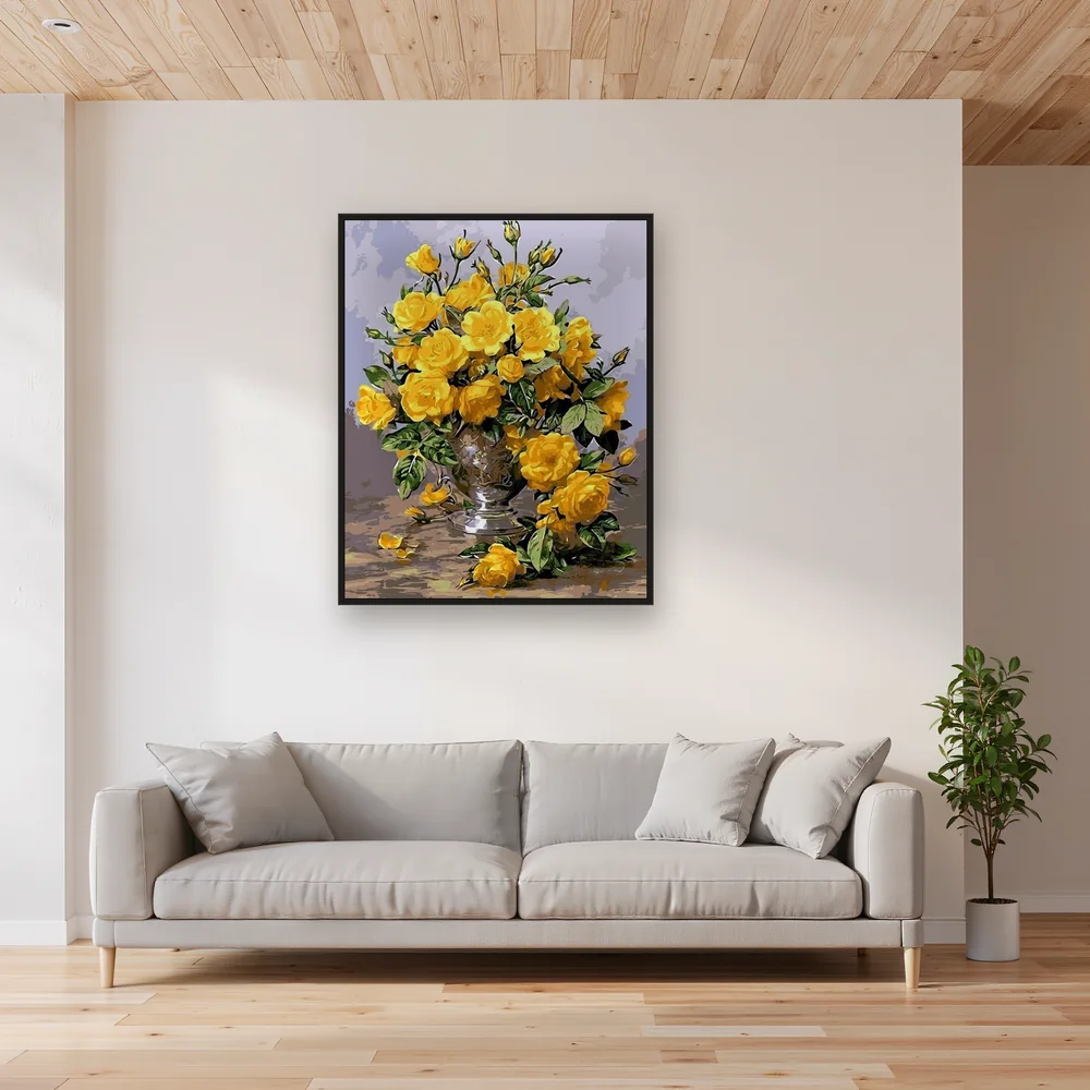 Diamond Painting Bouquet de Roses Jaunes dans un Vase Argenté – Salon