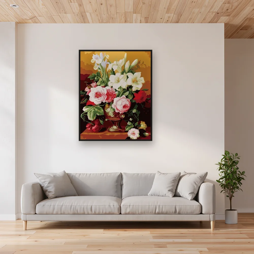Diamond Painting Roses Roses et Lys Blancs dans un Vase Bronze – Salon