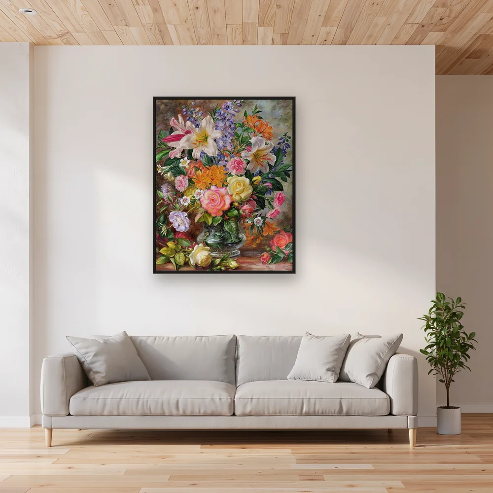 Diamond Painting Bouquet Majestueux Lys et Roses dans un Vase en Cristal – Salon