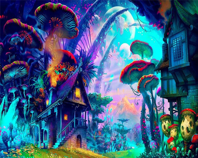 Aperçu du résultat final du diamond painting Paysage : Le Village Champignon Psychédélique.