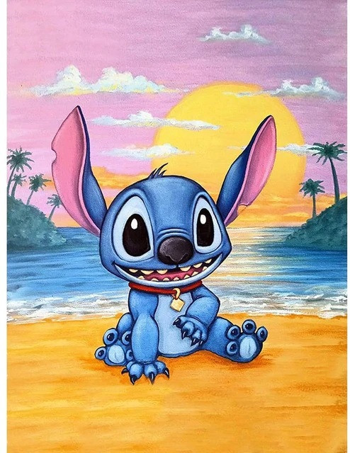 Aperçu du résultat final du diamond painting Stitch à la Plage : Coucher de Soleil Tropical.