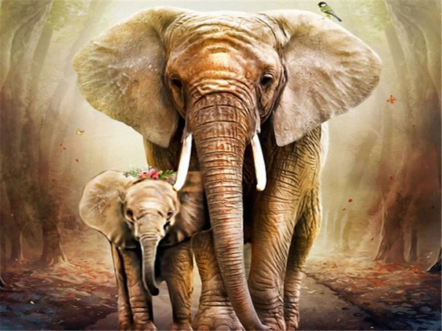 Aperçu du résultat final du diamond painting Maman Éléphant et son Petit dans la Forêt.