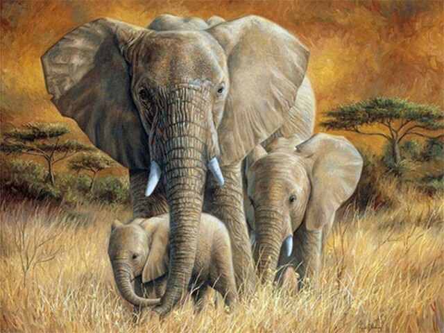 Aperçu du résultat final du diamond painting Maman Éléphant et ses Éléphanteaux.
