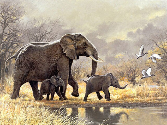 Aperçu du résultat final du diamond painting Famille d'Éléphants dans la Savane.
