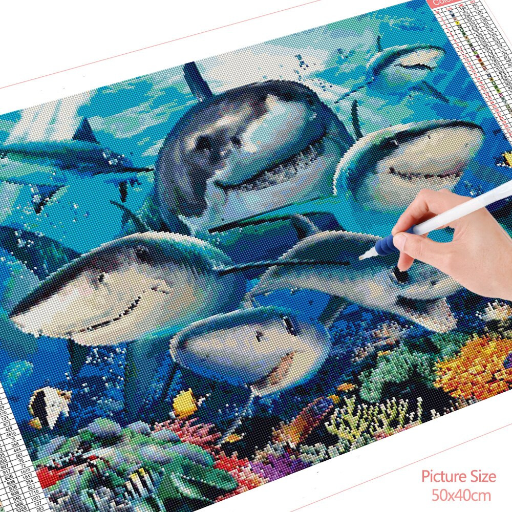 Aperçu du résultat final du diamond painting Récif Corallien et Requins.