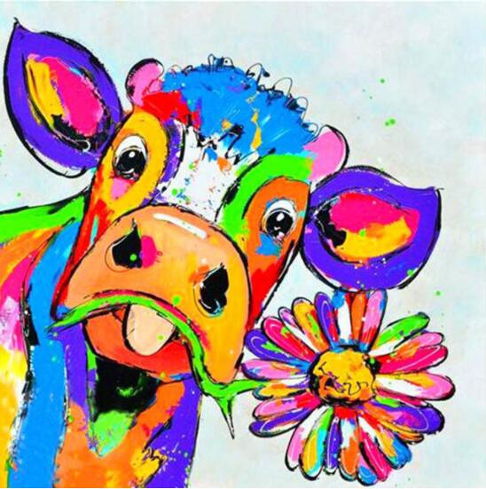 Aperçu du résultat final du diamond painting Vache à la Fleur, Pop Art.