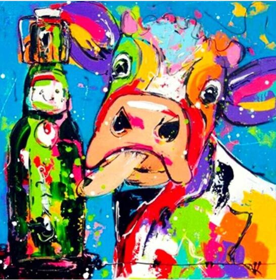 Aperçu du résultat final du diamond painting Vache Fêtarde Pop Art.