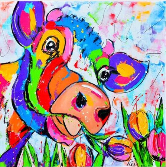 Aperçu du résultat final du diamond painting Vache Pop Art dans les Tulipes.