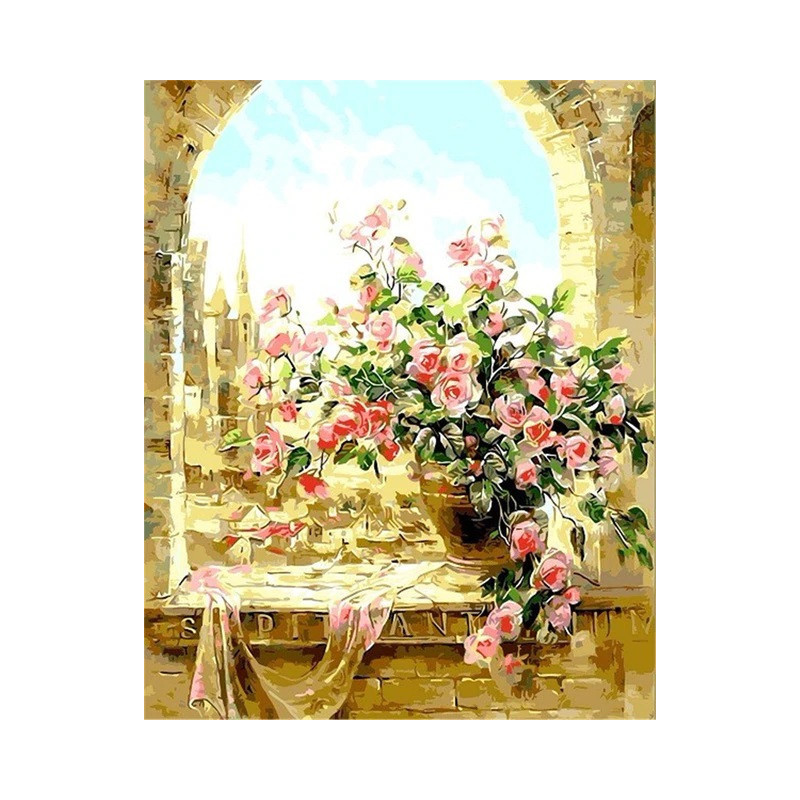 Diamond Painting Roses Roses sur un Balcon de Pierre — résultat final