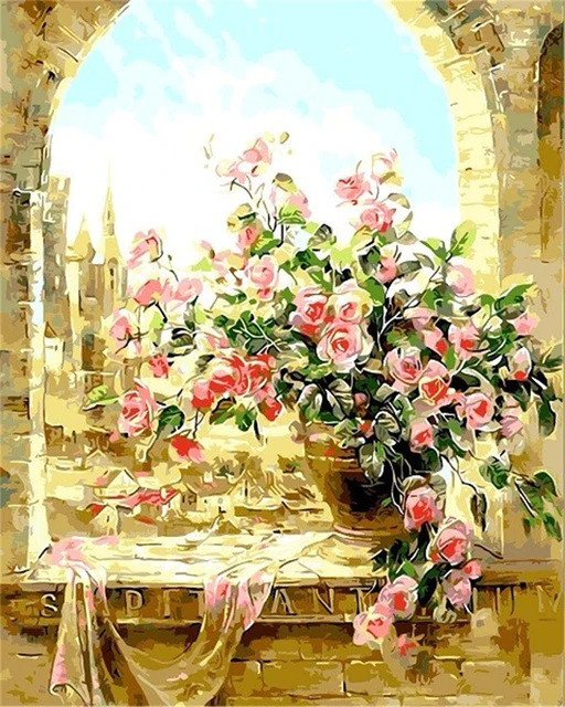 Aperçu du résultat final du diamond painting Rosa Rosen auf einem Steinbalkon.