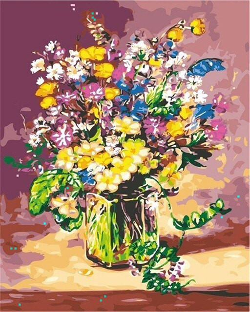 Aperçu du résultat final du diamond painting Expressionistischer Blumenstrauß in einer Glasvase.