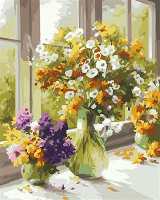 Aperçu du résultat final du diamond painting Impressionistischer Blumenstrauß vor einem Fenster.