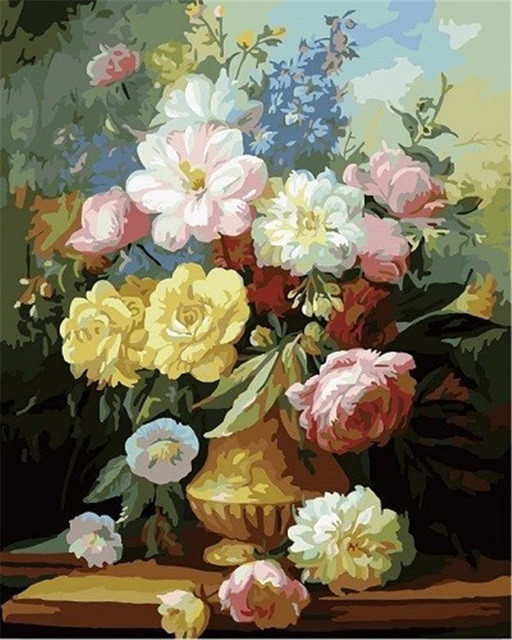 Aperçu du résultat final du diamond painting Peony and Rose Bouquet in a Golden Vase.