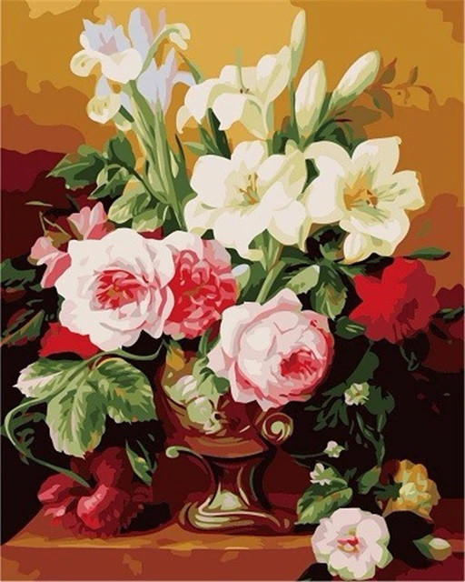 Aperçu du résultat final du diamond painting Roze Rozen en Witte Lelies in een Bronzen Vaas.