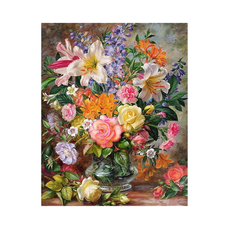 Diamond Painting Bouquet Majestueux Lys et Roses dans un Vase en Cristal — résultat final