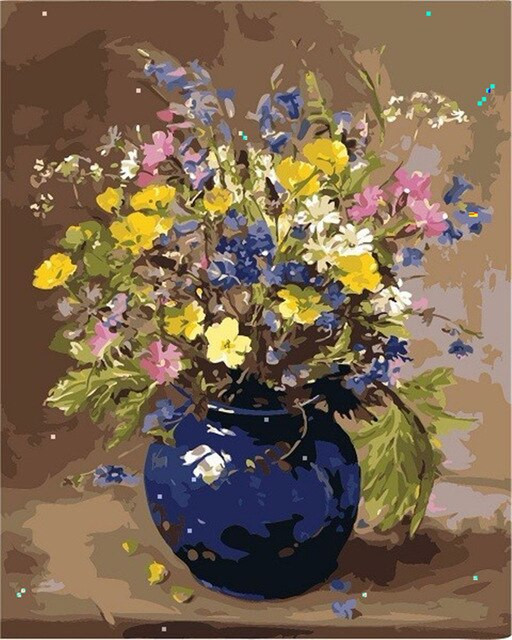 Aperçu du résultat final du diamond painting Ländlicher Blumenstrauß in einer Blauen Keramikvase.