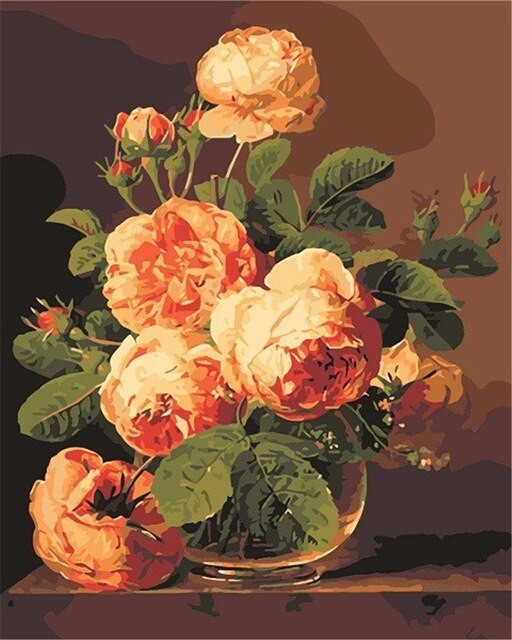 Aperçu du résultat final du diamond painting Aprikosenfarbene Rosen in einer Glasvase.