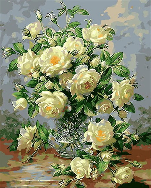 Aperçu du résultat final du diamond painting Fleurs : Le Bouquet de Roses Blanches.