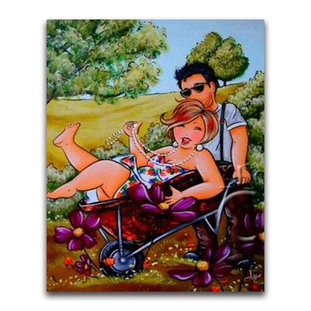 Aperçu du résultat final du diamond painting Wheelbarrow Couple.