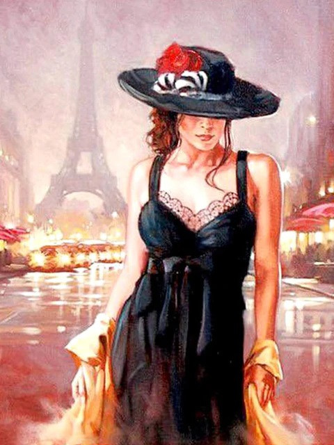 Aperçu du résultat final du diamond painting Donna con cappello a Parigi.