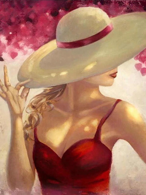 Aperçu du résultat final du diamond painting Donna con cappello Leslie.