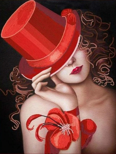 Aperçu du résultat final du diamond painting Femme Au Chapeau Rosalie.