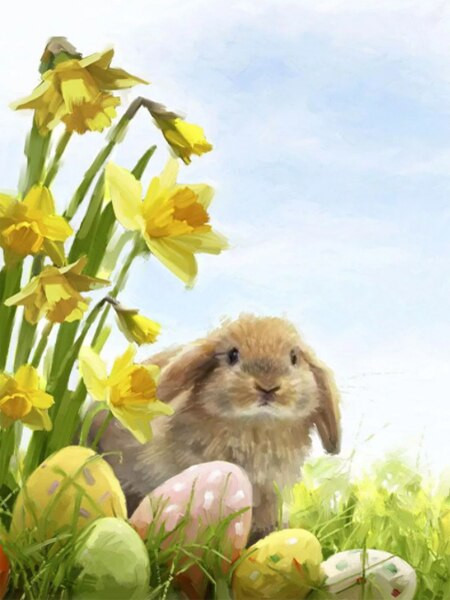 Aperçu du résultat final du diamond painting Lapin de Pâques et Jonquilles.