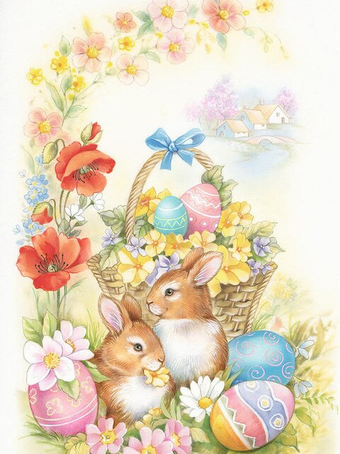 Aperçu du résultat final du diamond painting Le Pique-Nique de Pâques des Lapins.