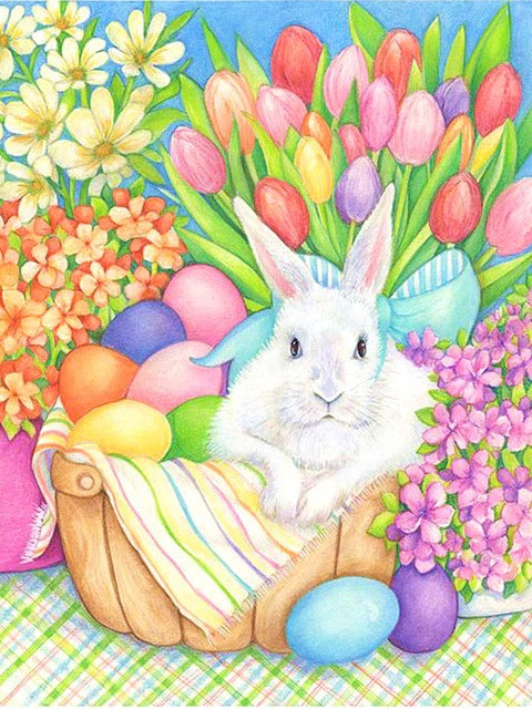 Aperçu du résultat final du diamond painting Le Panier Garni du Lapin de Pâques.