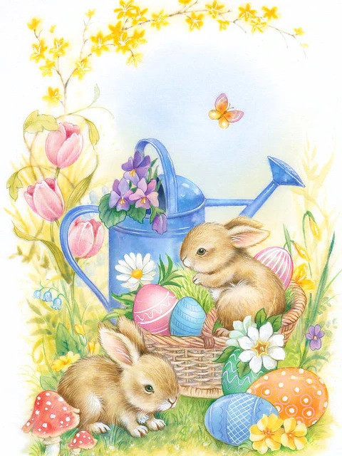 Aperçu du résultat final du diamond painting Lapins de Pâques au Jardin.