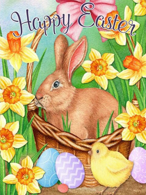 Aperçu du résultat final du diamond painting Joyeuses Pâques, Lapin et Poussin.