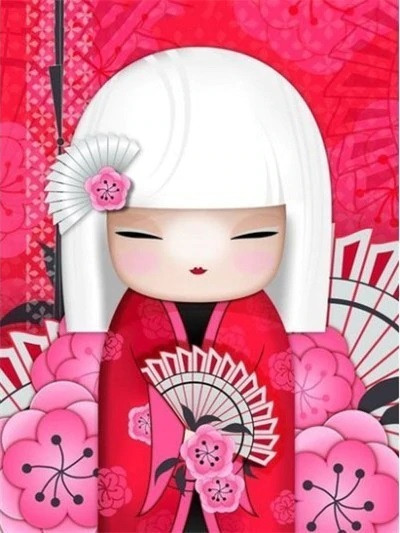 Aperçu du résultat final du diamond painting Kimono-Mädchen Akio.