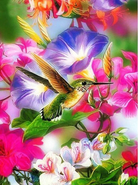 Aperçu du résultat final du diamond painting Colibri au Jardin de Pétunias.