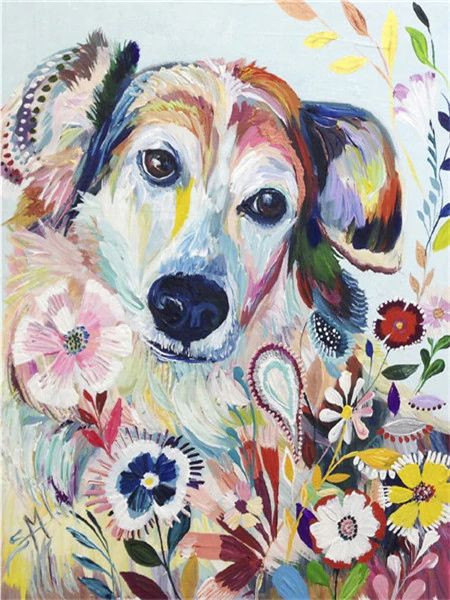 Anteprima del risultato finale del diamond painting Cane Sogno Fiorito.