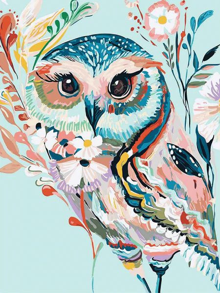 Aperçu du résultat final du diamond painting Chouette Bohème Fleurie.
