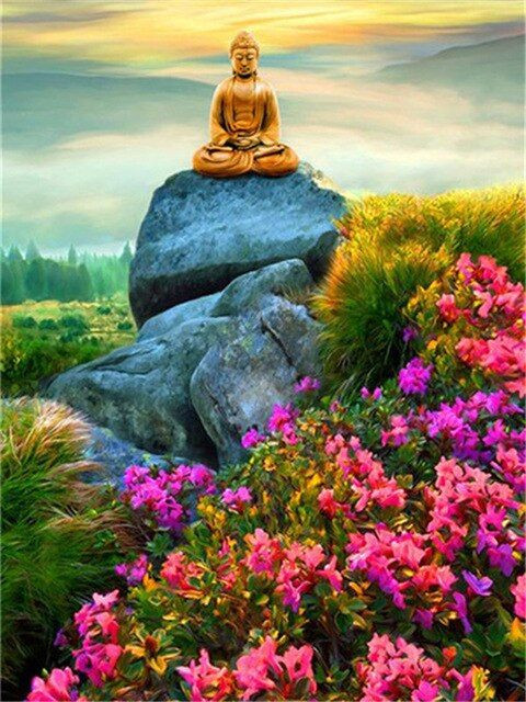 Aperçu du résultat final du diamond painting Pittura diamante Buddha Sajja.
