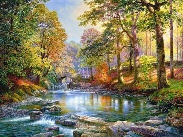 Aperçu du résultat final du diamond painting Paysage : Le Pont de la Forêt d'Or.