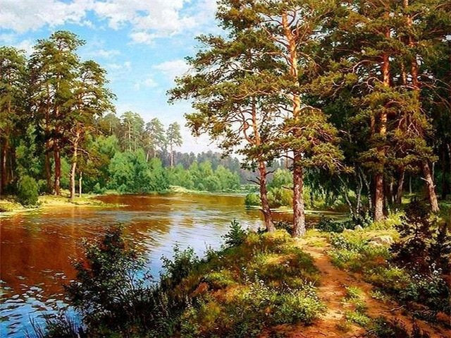 Aperçu du résultat final du diamond painting Forest Landscape River.
