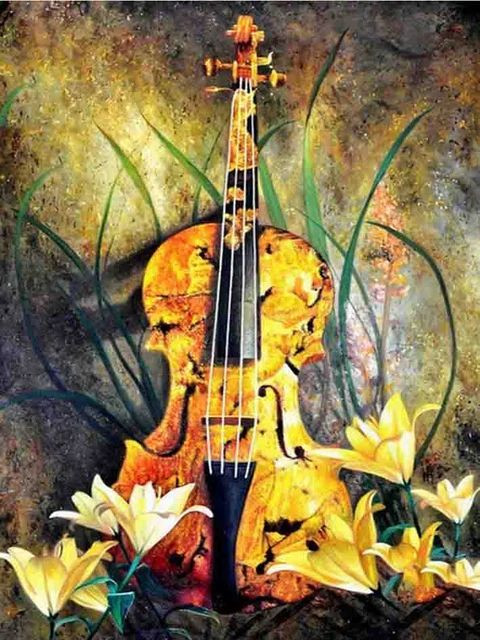 Aperçu du résultat final du diamond painting Violin Flowers Yellow.