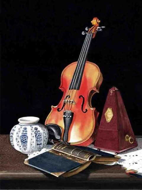 Aperçu du résultat final du diamond painting Violin on a Table.