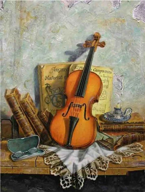 Aperçu du résultat final du diamond painting Violin on a Drawn Piece of Furniture.