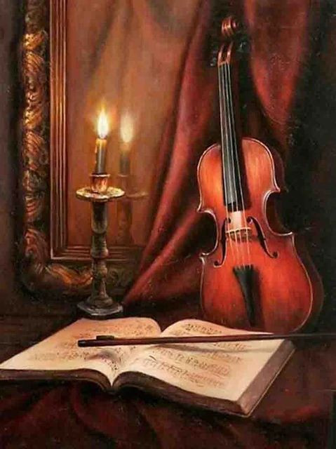 Aperçu du résultat final du diamond painting Violin with Book and Candle.